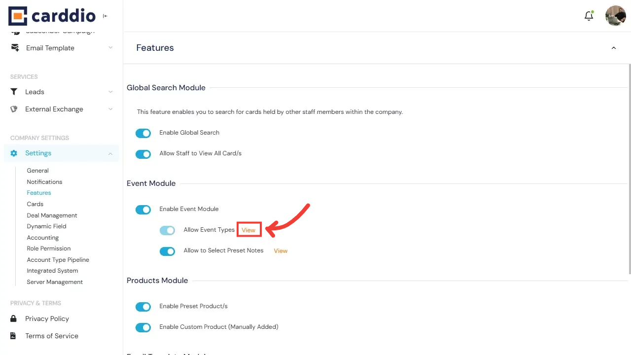 Event Type List Navigation