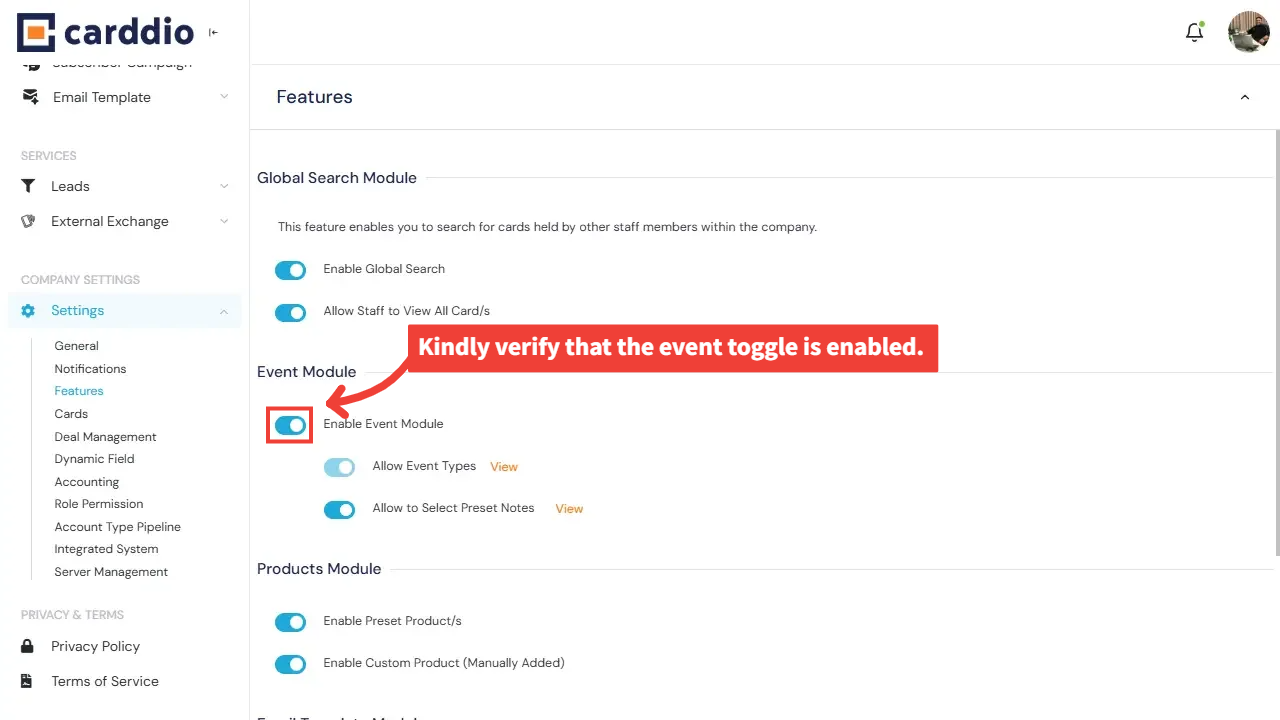 Feature Setting Event Module