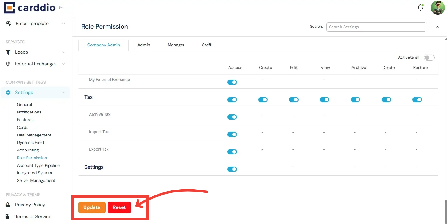 Update and Reset Buttons
