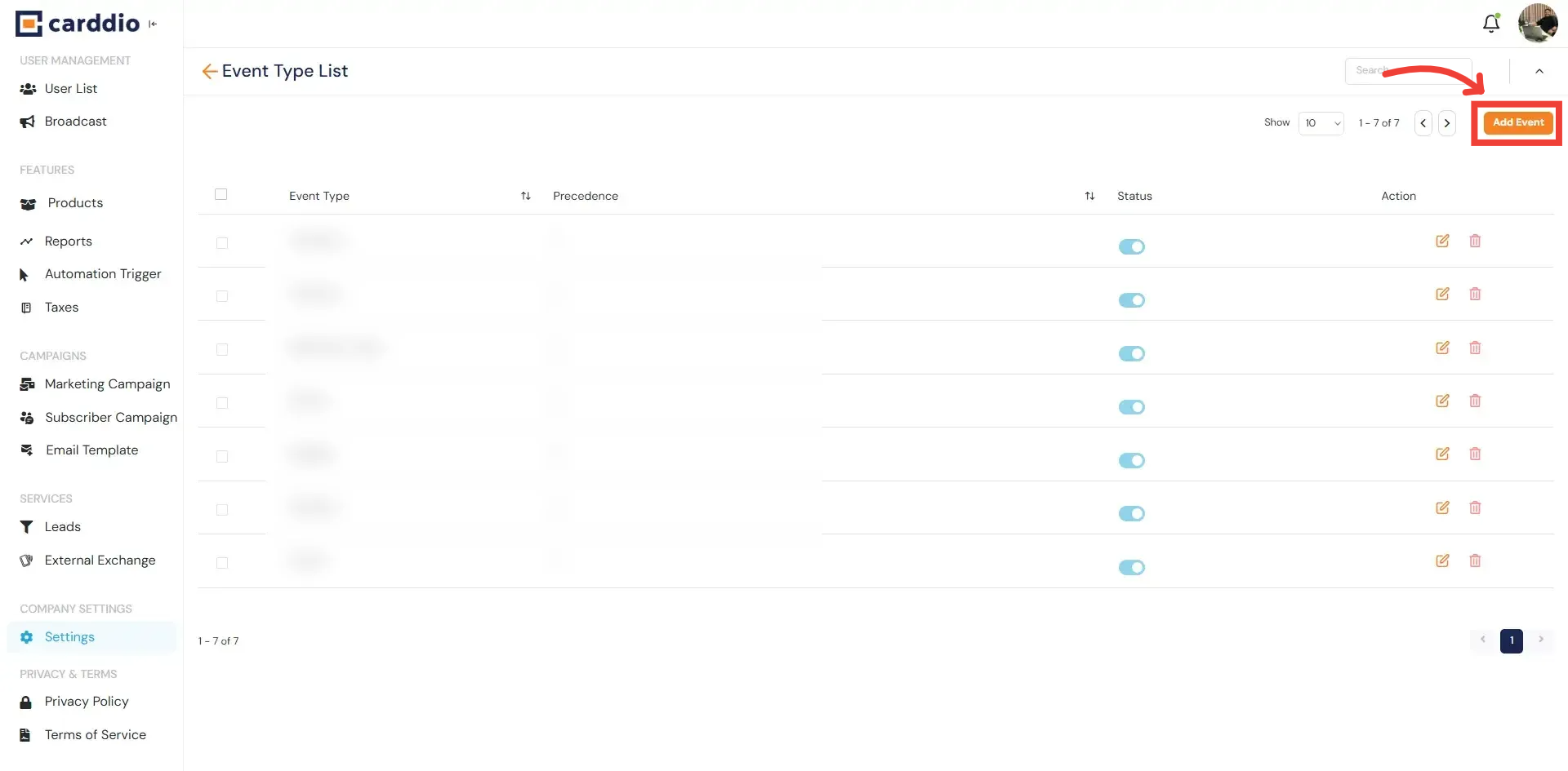 Add Event Type Button