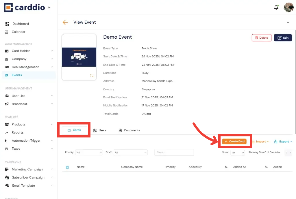 Event View - Cards Tab