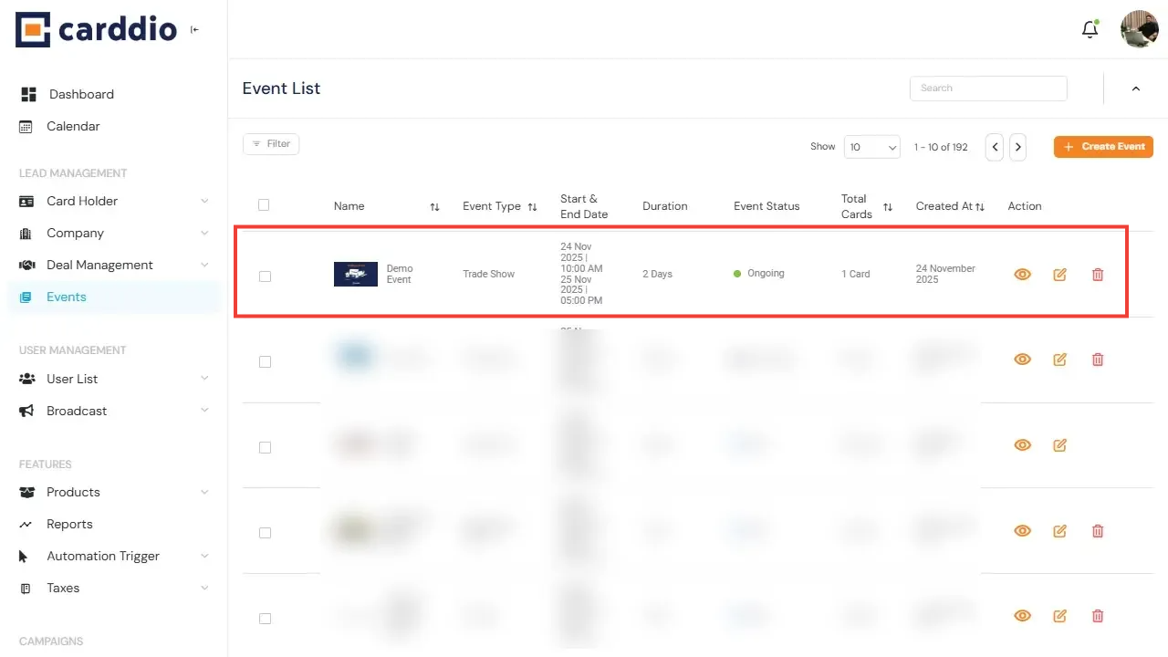 Event List - After Event Creation