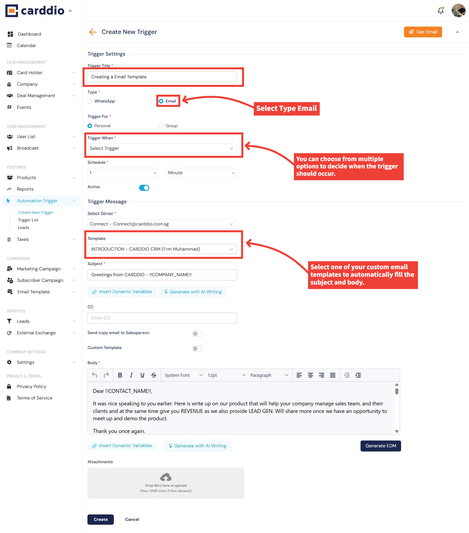 Email Trigger Settings Step 1