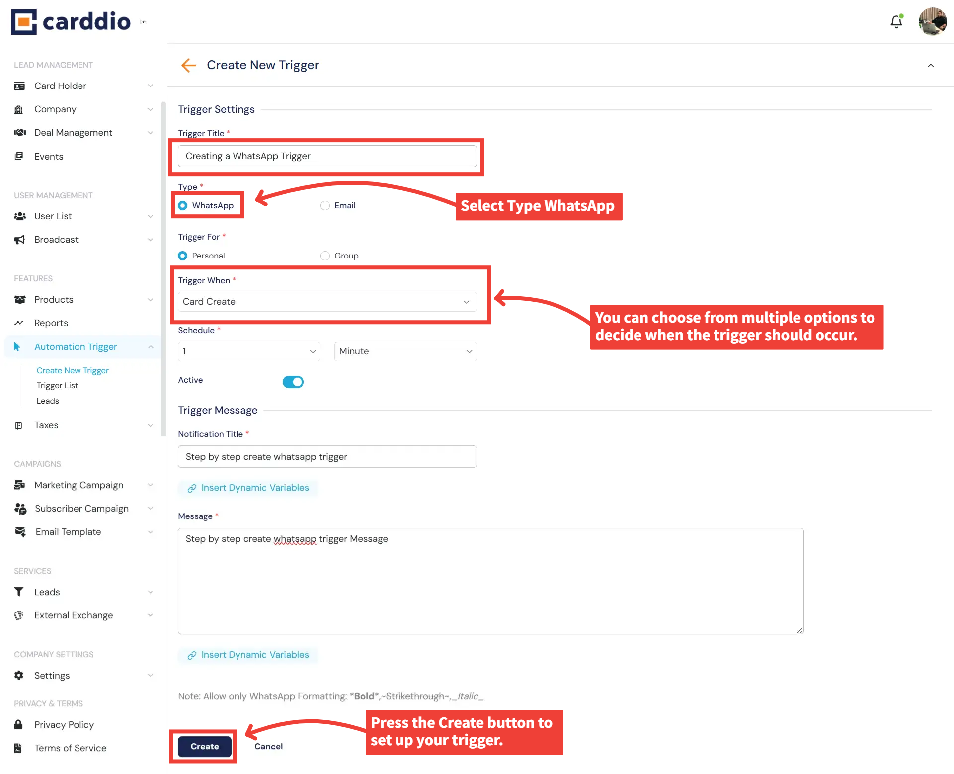 WhatsApp Trigger Settings